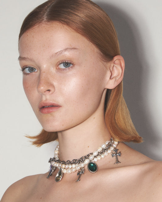 COSMIC DEVOTION Mix of Pearls and Chain Pendants Necklace