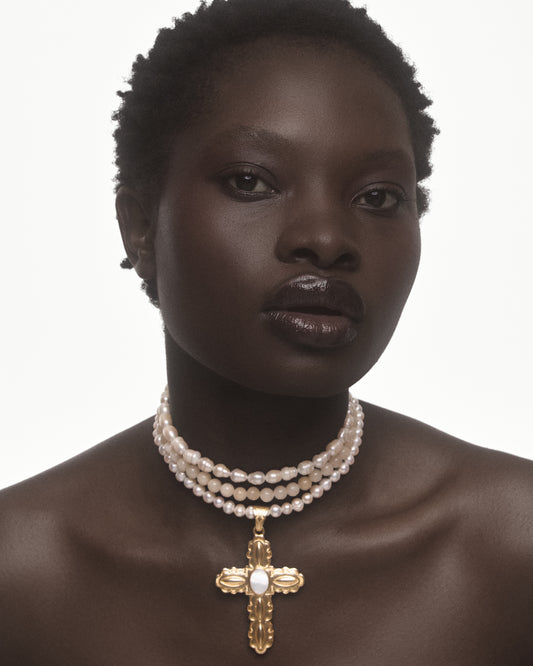 THE NEW ECRU TONES GOLD CROSS PENDANT CHOKER