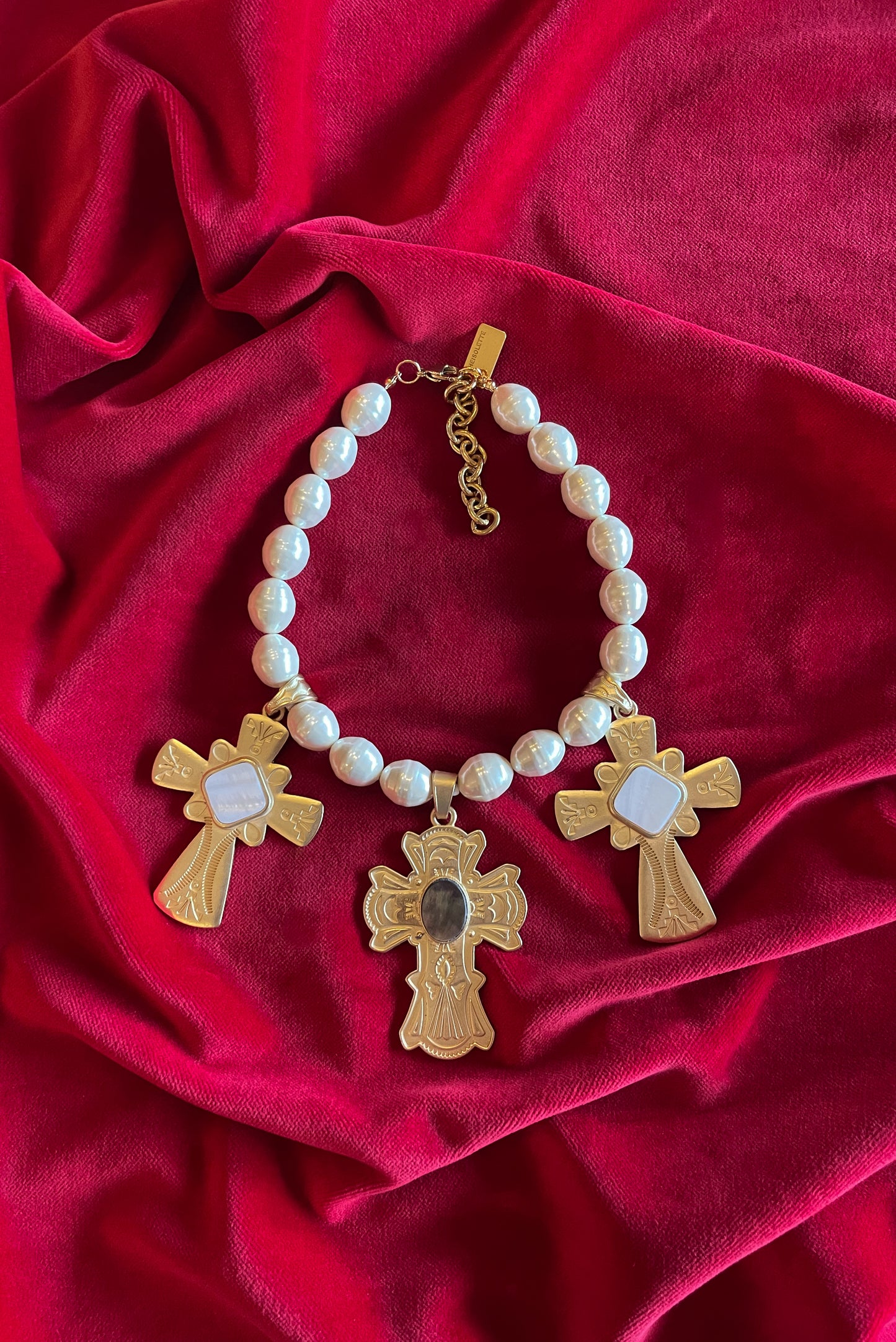 MACARENA MOTHER OF PEARL GOLD CROSSES NECKLACE