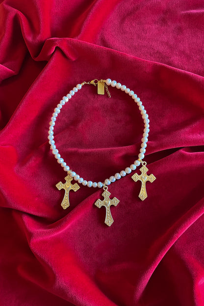 AURORA PEARLS WITH GOLD CROSSES NECKLACE