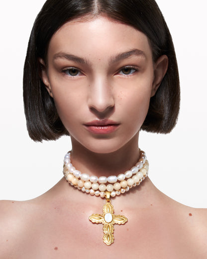 THE NEW ECRU TONES GOLD CROSS PENDANT CHOKER