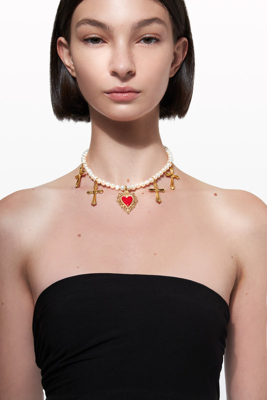 AMAIA GOLD CROSSES WITH RED ENAMEL PENDANT NECKLACE