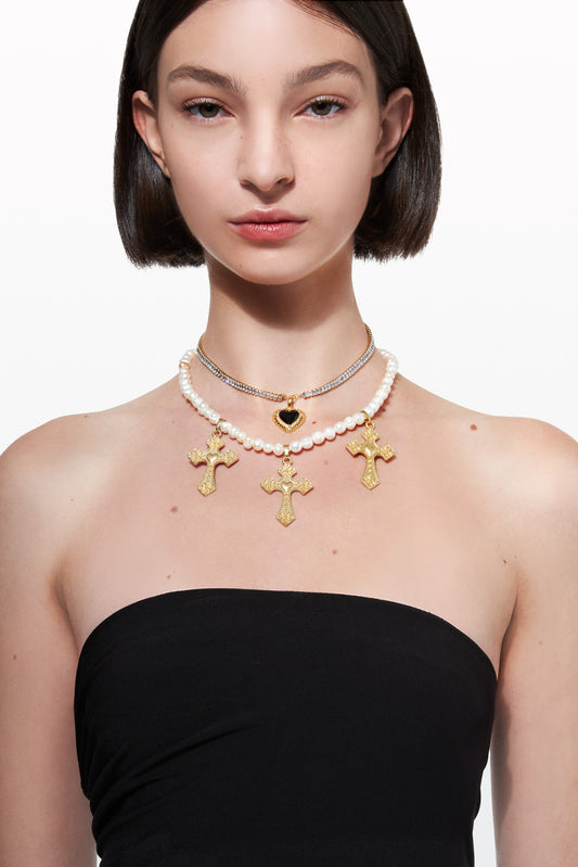 AURORA PEARLS WITH GOLD CROSSES NECKLACE