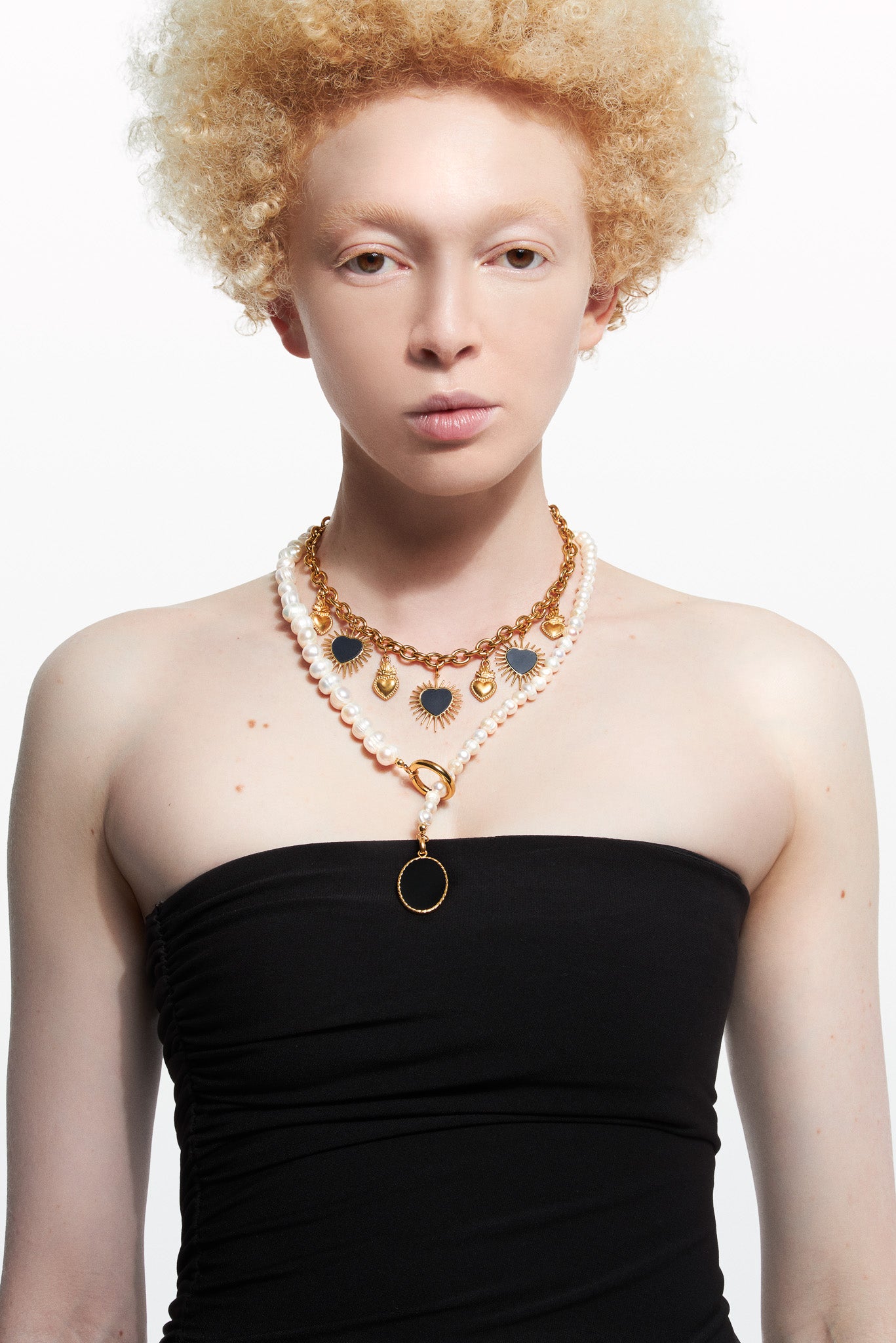 ELODIE PEARLS BLACK ENAMEL PENDANT NECKLACE