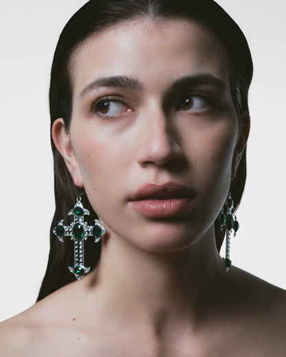 EMERALD CORE Silver Cross Earrings
