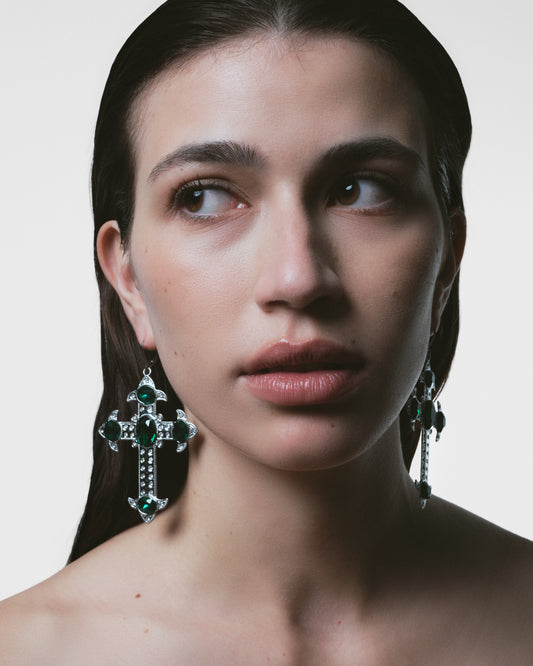 EMERALD CORE Silver Cross Earrings