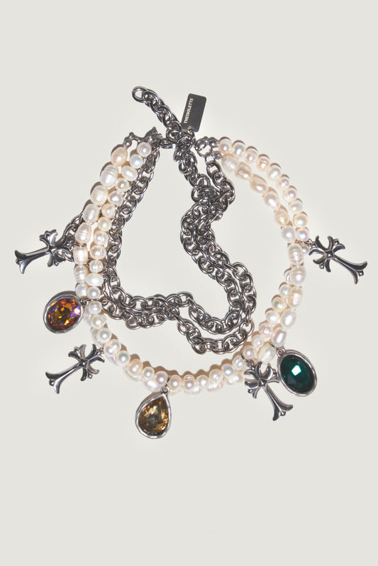 COSMIC DEVOTION Mix of Pearls and Chain Pendants Necklace