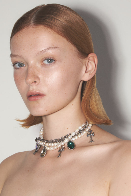 COSMIC DEVOTION Mix of Pearls and Chain Pendants Necklace