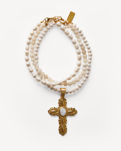 THE NEW ECRU TONES GOLD CROSS PENDANT CHOKER